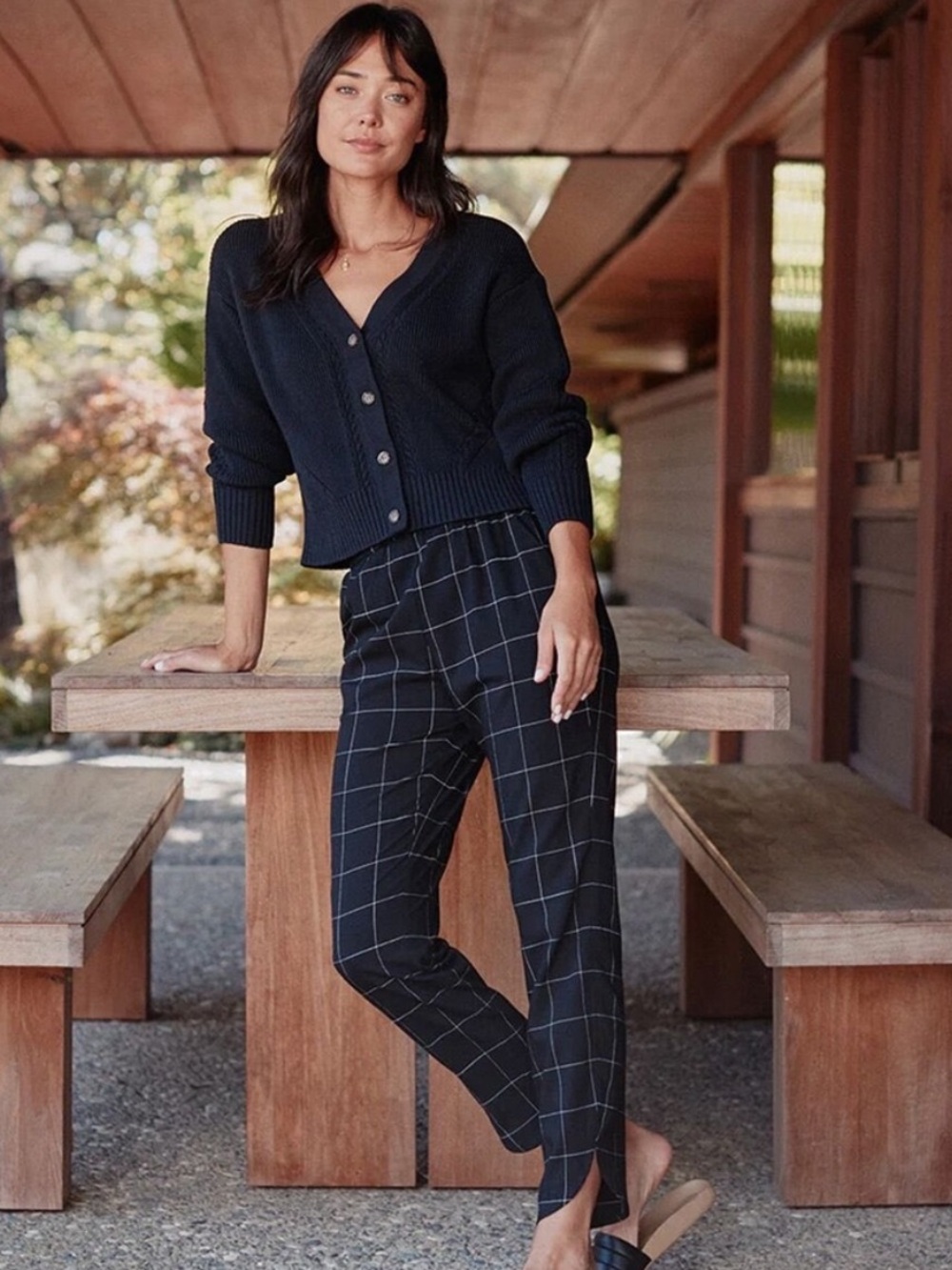 Marine Layer Allison Windowpane Plaid Trousers - Black